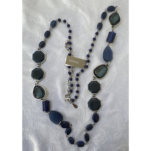 Chicos Blue Stone Silver Tone 19" Long Beaded Chain Statement Necklace NEW - Picture 8 of 16
